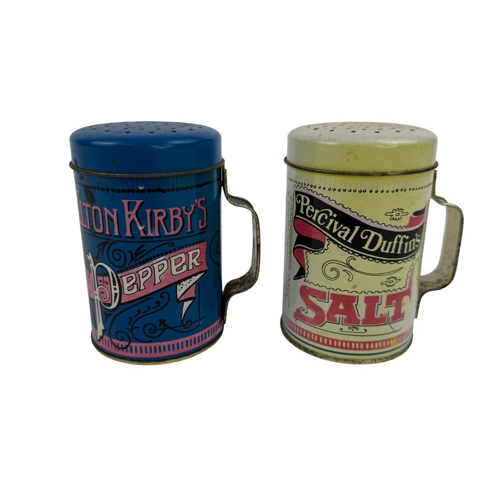 Vintage‎ Salt & Pepper Shakers Tin Rare Blue Elton Kirbys and Percival Duffins